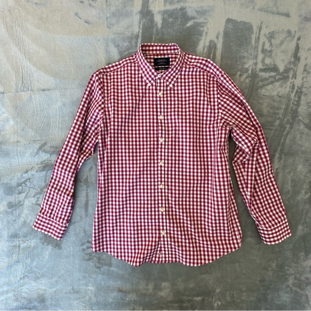 Charles Tyrwhitt Men's Large Red Check Non-Iron Extra Slim Fit Dress Shirt